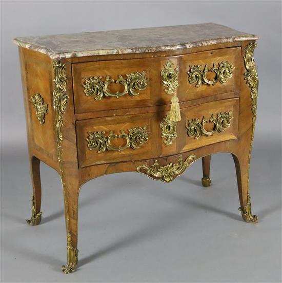 A Louis XV style ormolu mounted kingwood serpentine commode, W.3ft 1in. D.1ft 6.5in. H.2ft 8in.